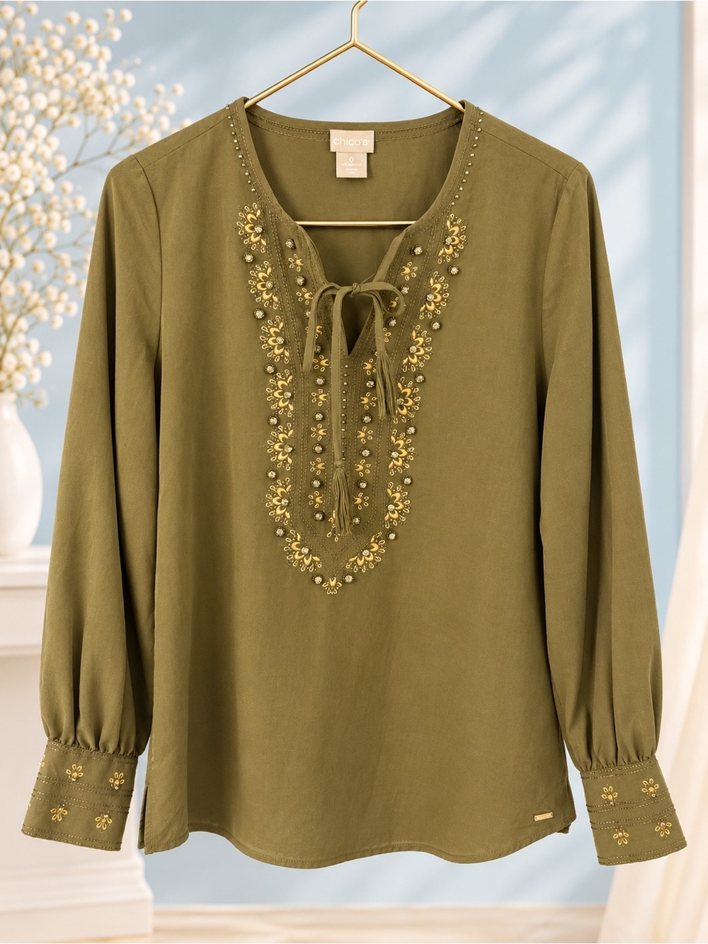 Chico's Olive Embroidered Tie-Neck Tunic